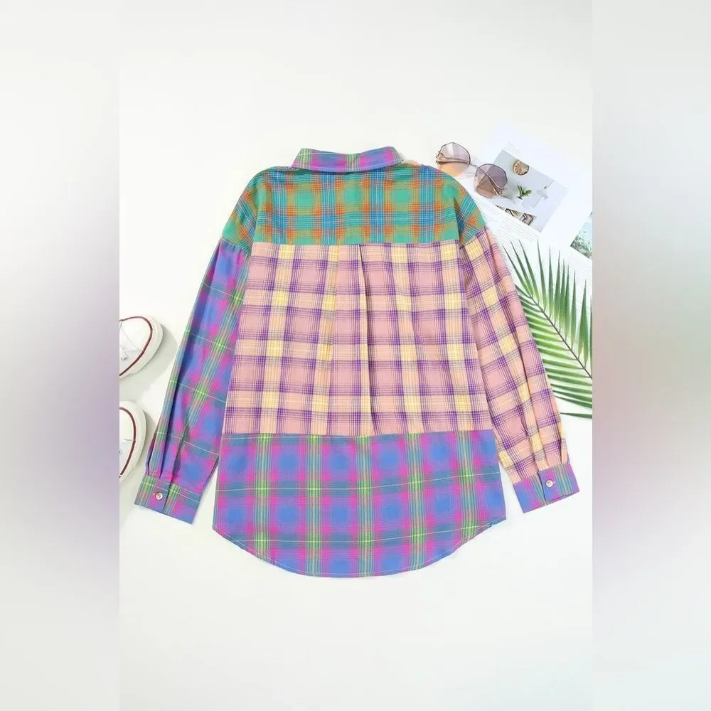 Multicolored Contrast Plaid Pocketed Collared Neck Shirt - Picture 3 of 3